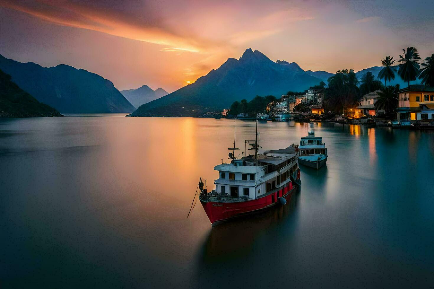 barcos dentro a água às pôr do sol com montanhas dentro a fundo. gerado por IA foto