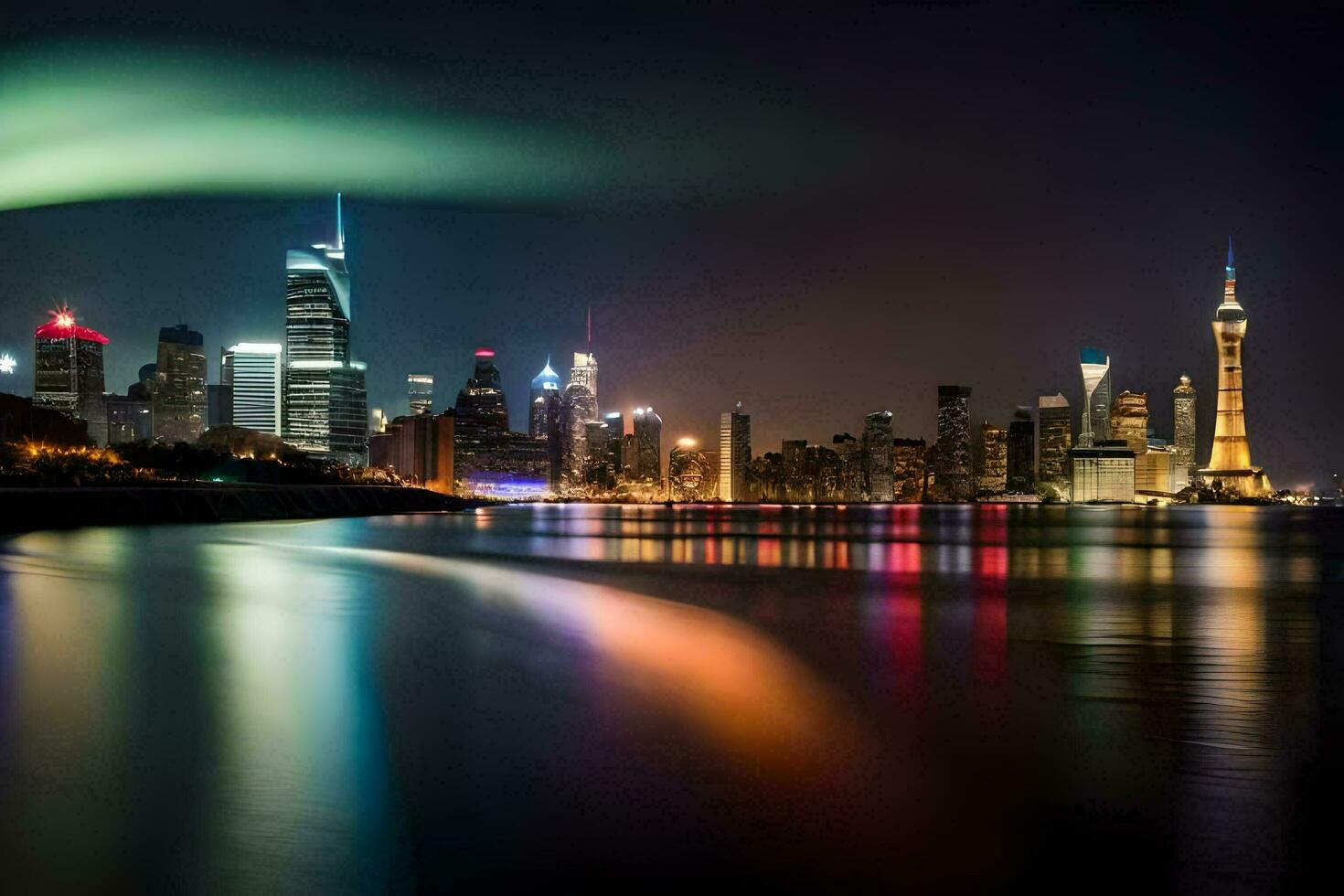 a cidade luzes estão refletido dentro a água. gerado por IA foto