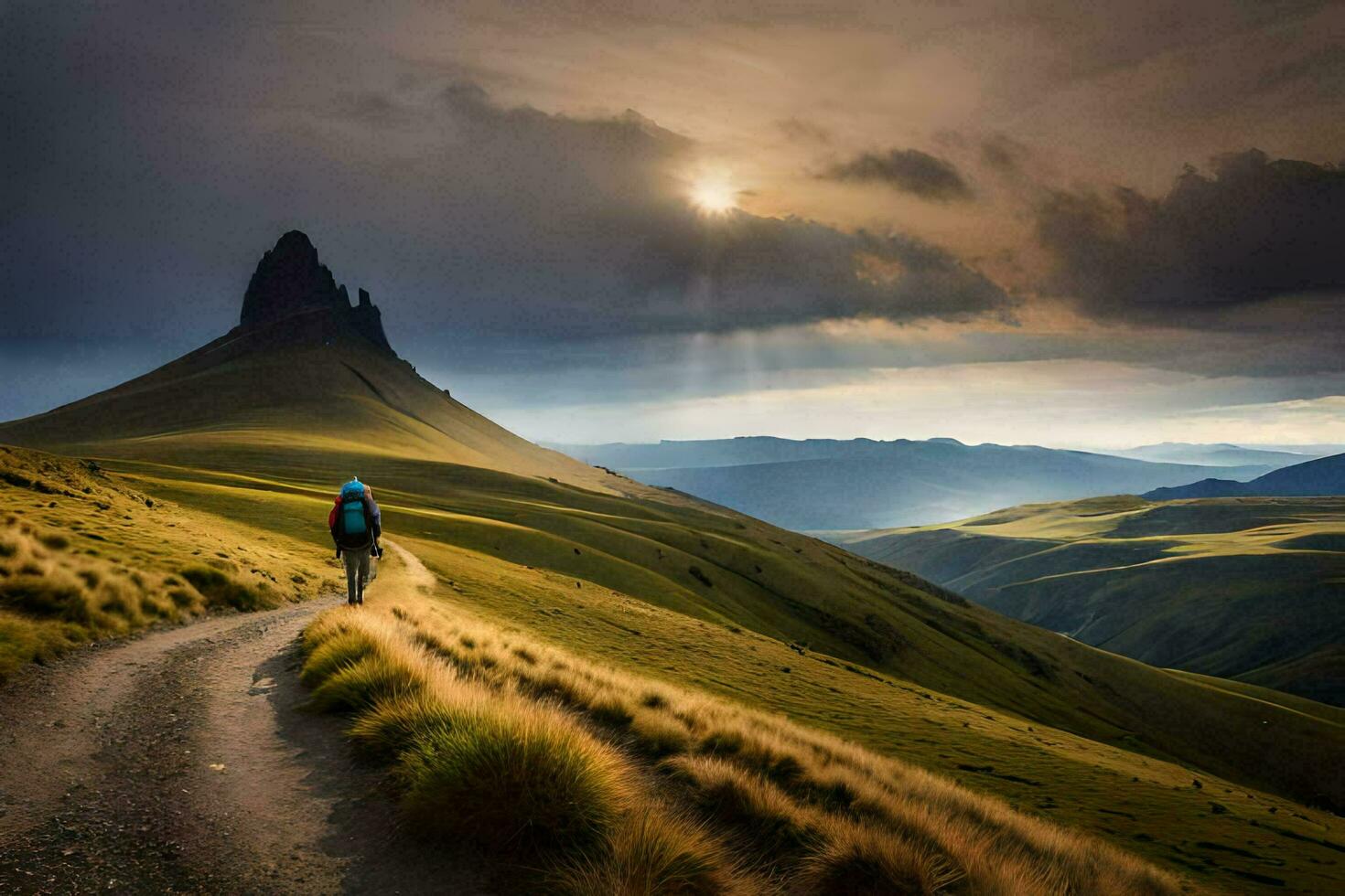 uma pessoa caminhando em uma caminho dentro a montanhas. gerado por IA foto