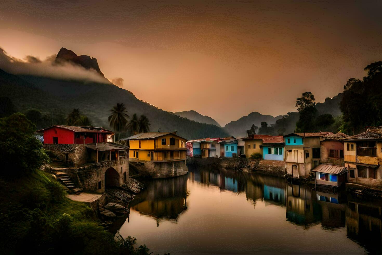 colorida casas sentar em a bancos do uma rio. gerado por IA foto