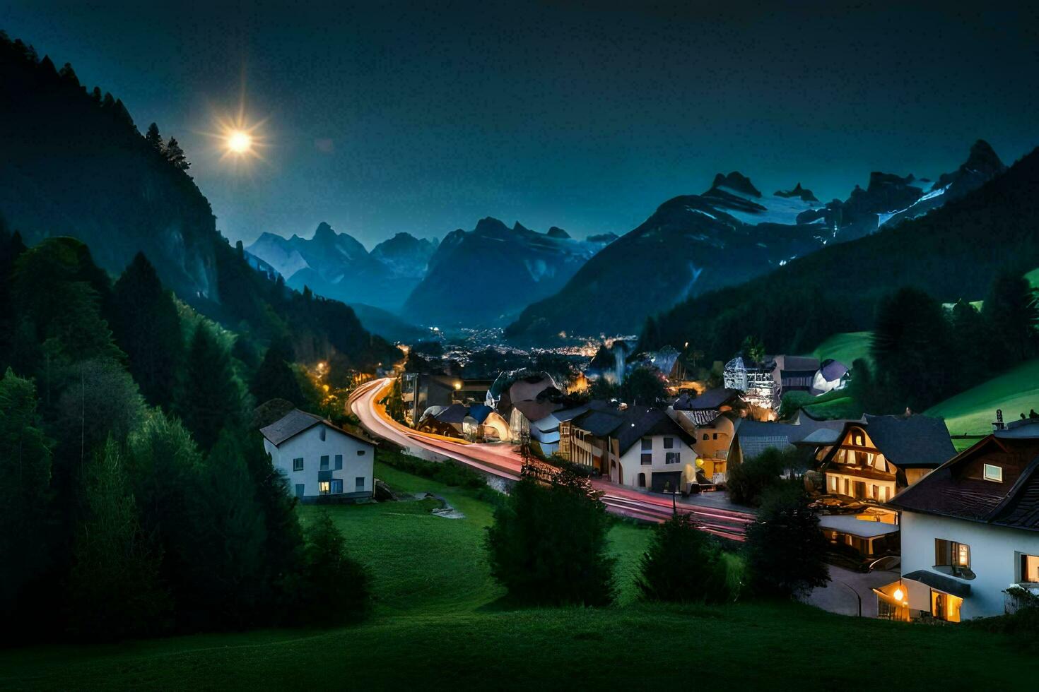 foto papel de parede a céu, montanhas, noite, lua, estrada, árvores, Vila, estrada,. gerado por IA