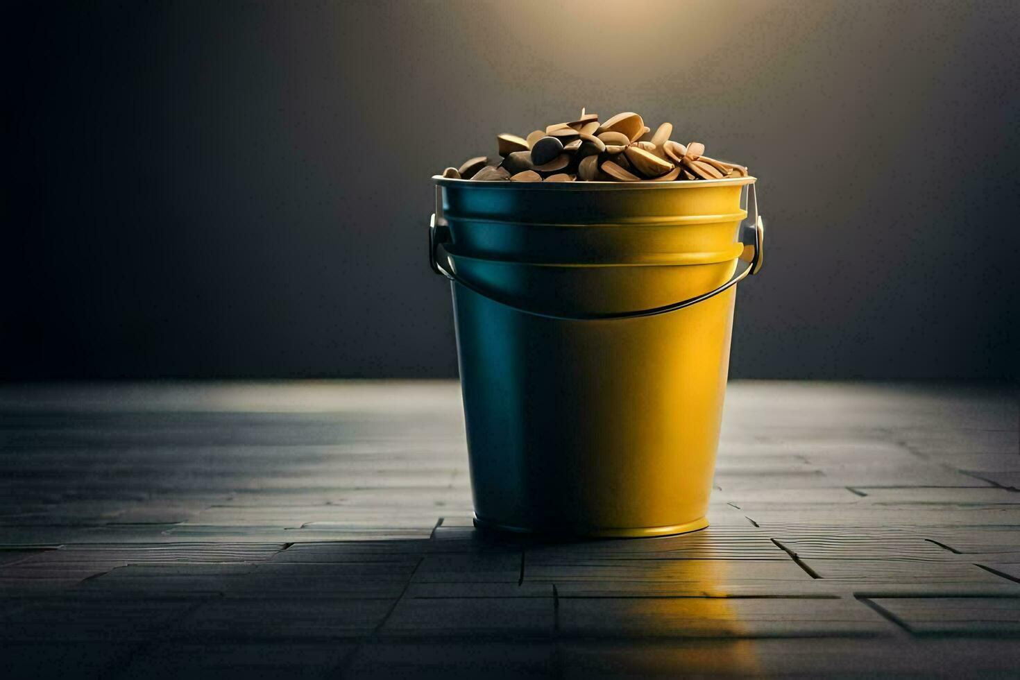 uma balde preenchidas com café feijões em uma Sombrio fundo. gerado por IA foto