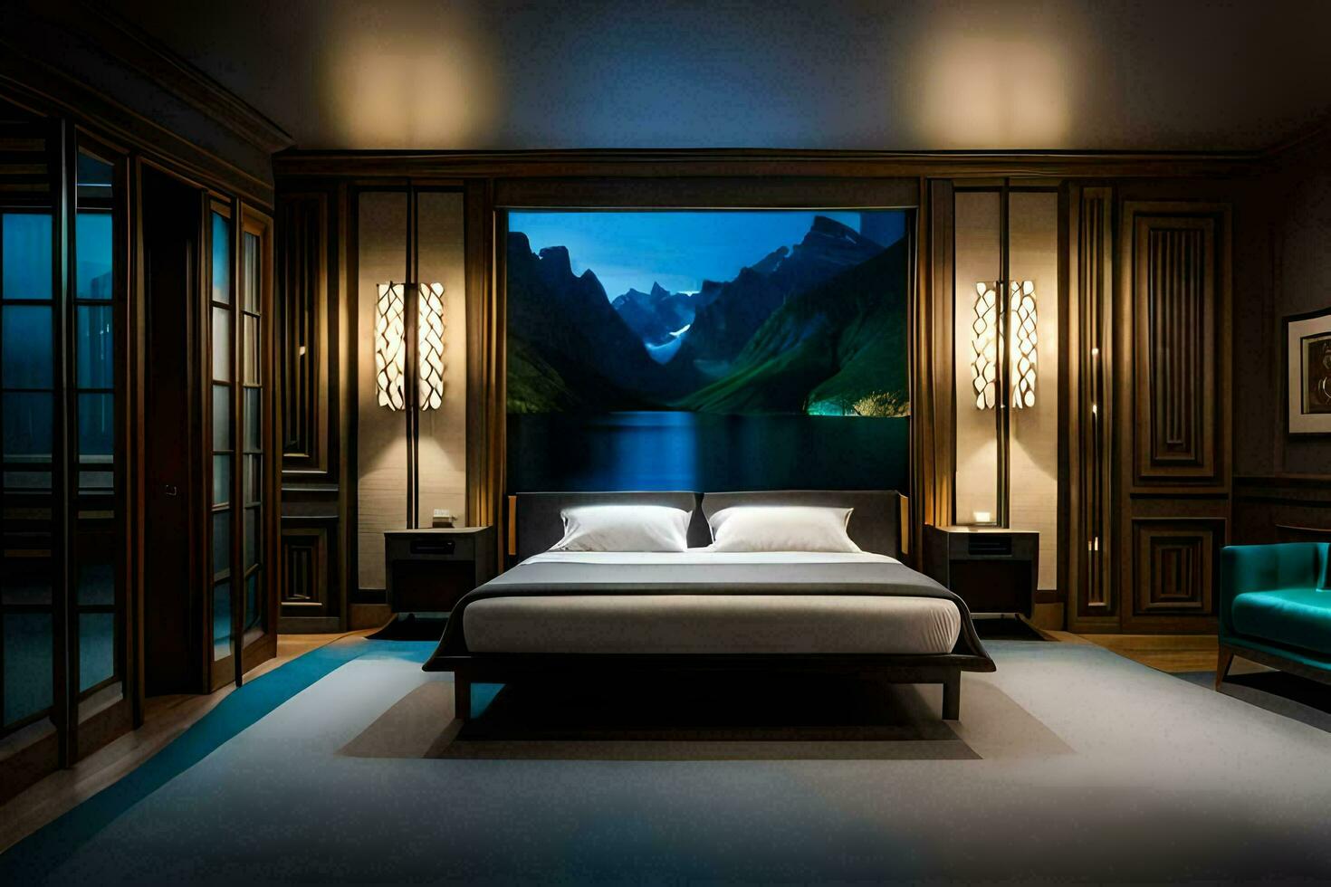 uma quarto com uma ampla cama e uma ampla parede mural. gerado por IA foto