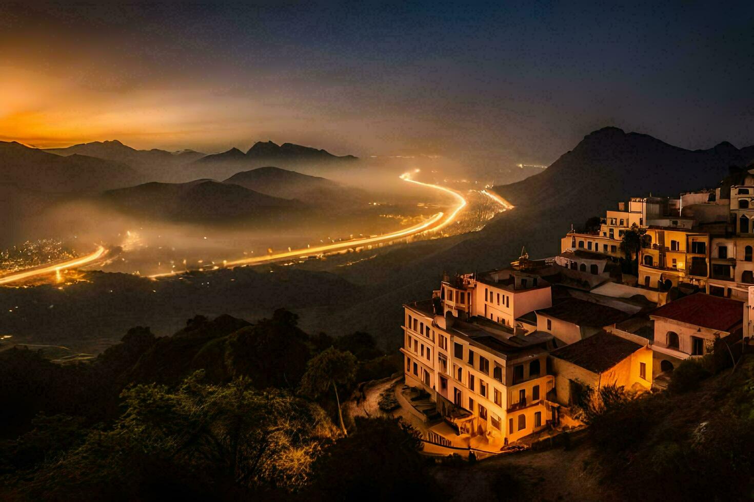 foto papel de parede a céu, montanhas, estrada, estrada, a cidade, a cidade, a cidade. gerado por IA