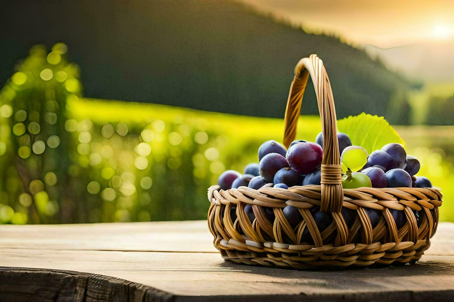 uvas dentro uma cesta em uma de madeira mesa. gerado por IA foto
