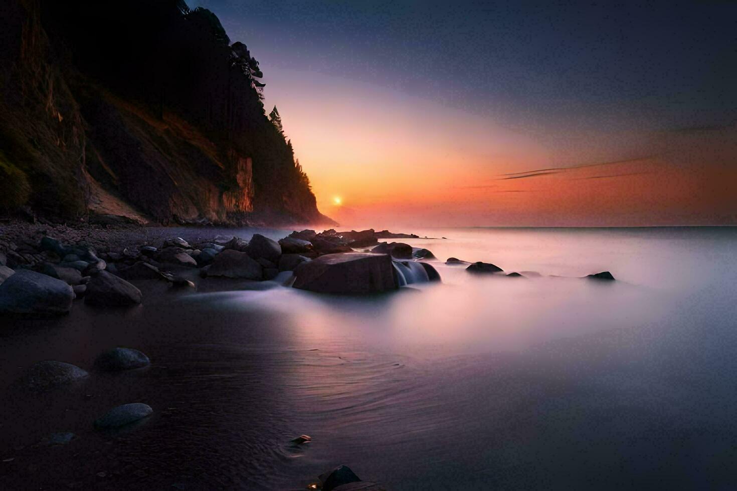 uma pôr do sol sobre a oceano com pedras e água. gerado por IA foto