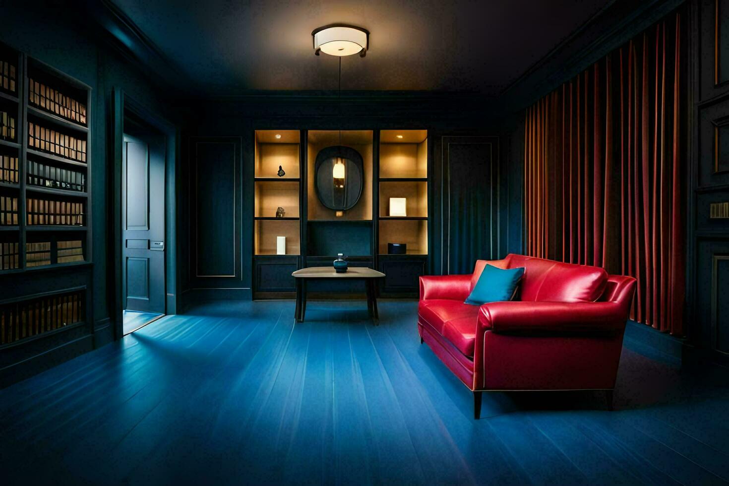 uma quarto com azul paredes e vermelho mobiliário. gerado por IA foto
