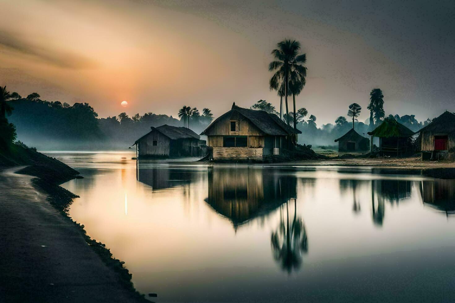 uma rio com casas e Palma árvores dentro a fundo. gerado por IA foto