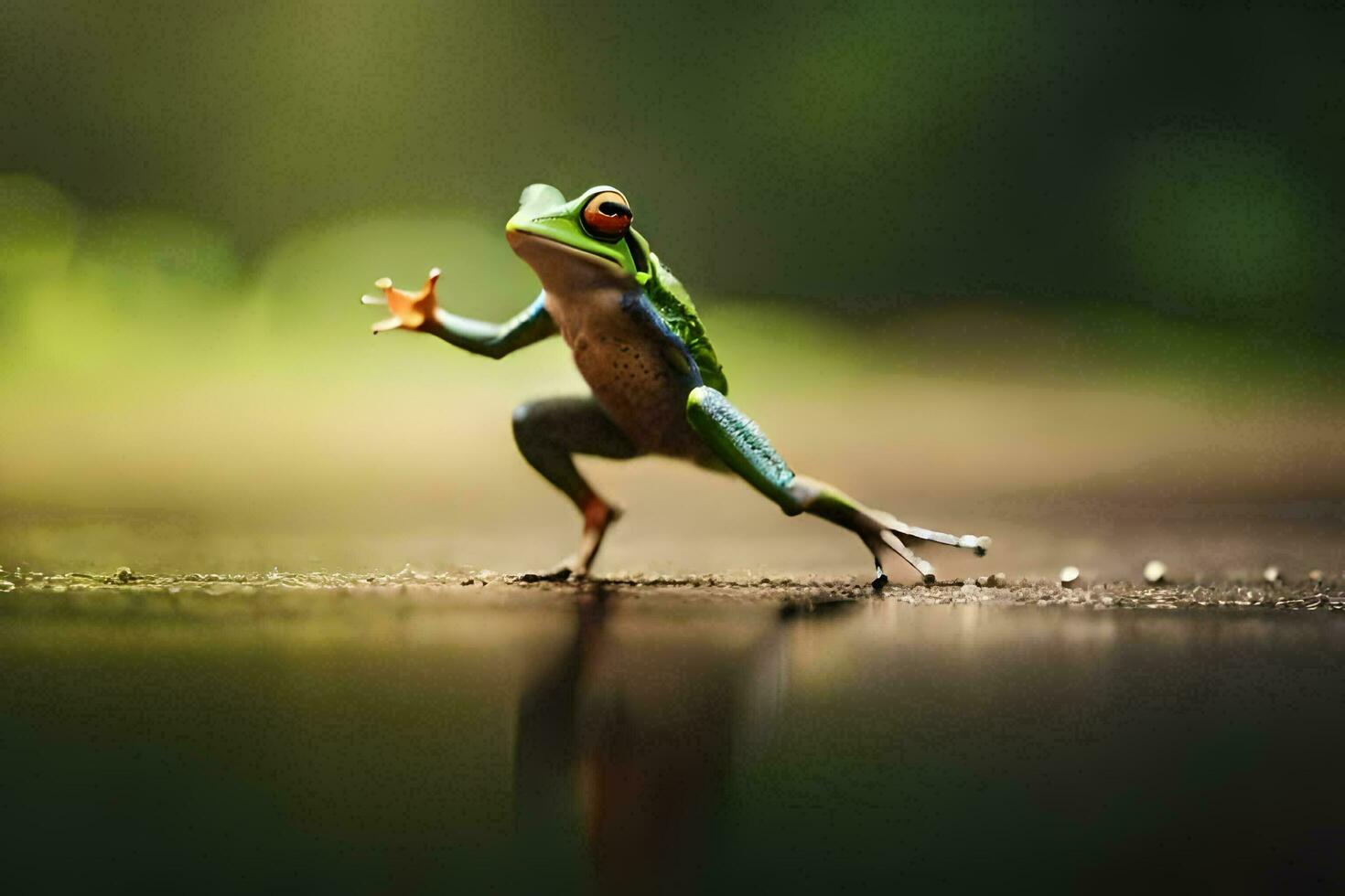 uma rã é em pé em Está traseiro pernas e alcançando para algo. gerado por IA foto