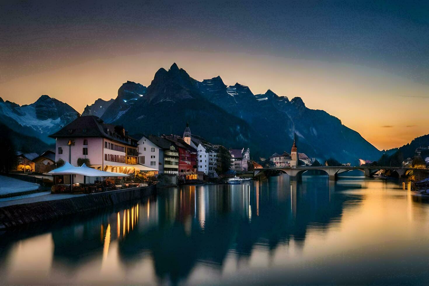 a Sol conjuntos sobre a montanhas e rio dentro Suíça. gerado por IA foto
