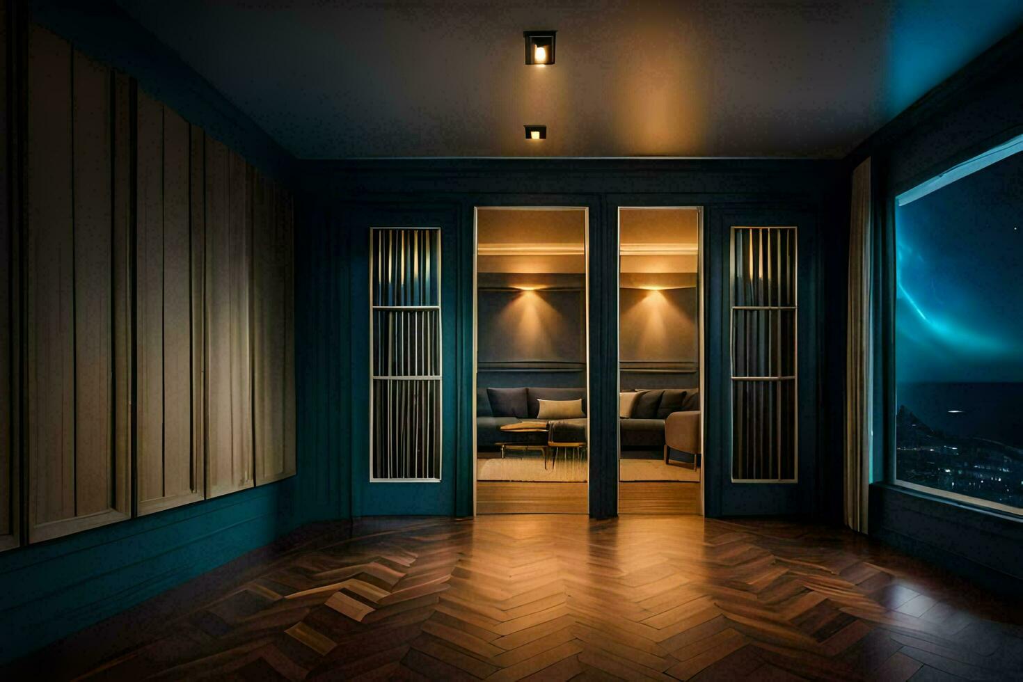 a quarto tem uma ampla janela e de madeira andares. gerado por IA foto