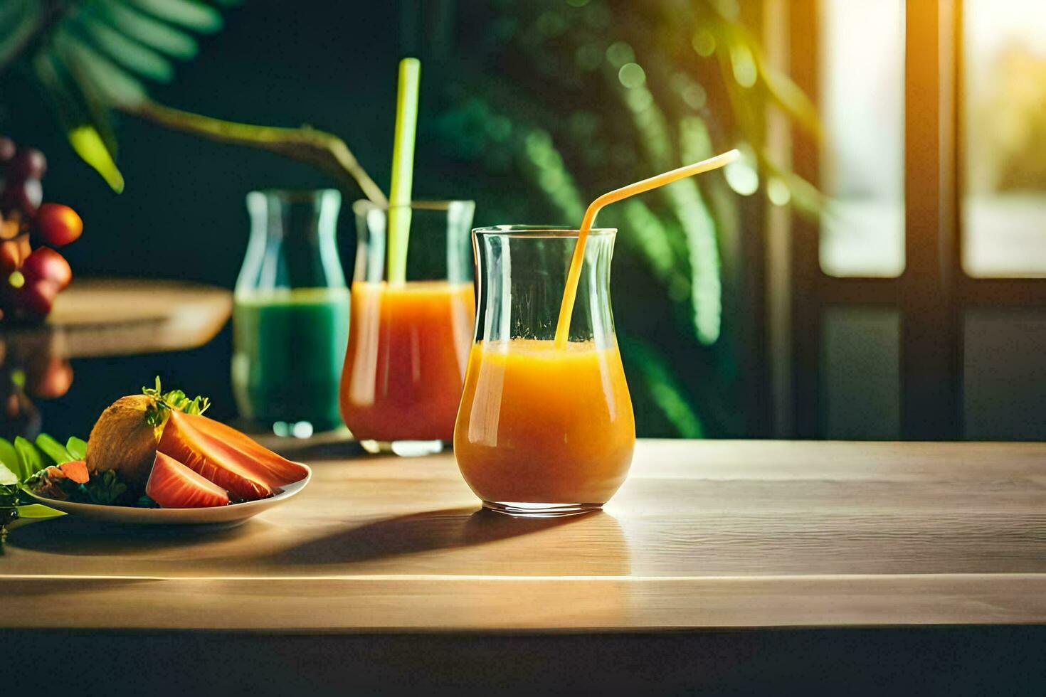 suco e fruta em uma mesa. gerado por IA foto