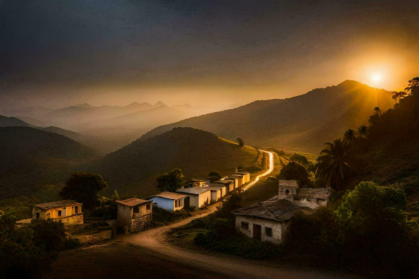 a Sol conjuntos sobre uma Vila dentro a montanhas. gerado por IA foto