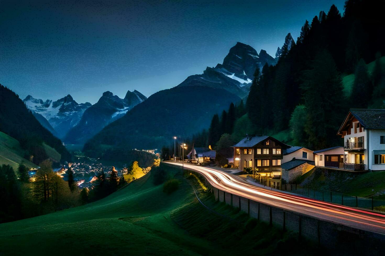 uma estrada dentro a montanhas às noite. gerado por IA foto