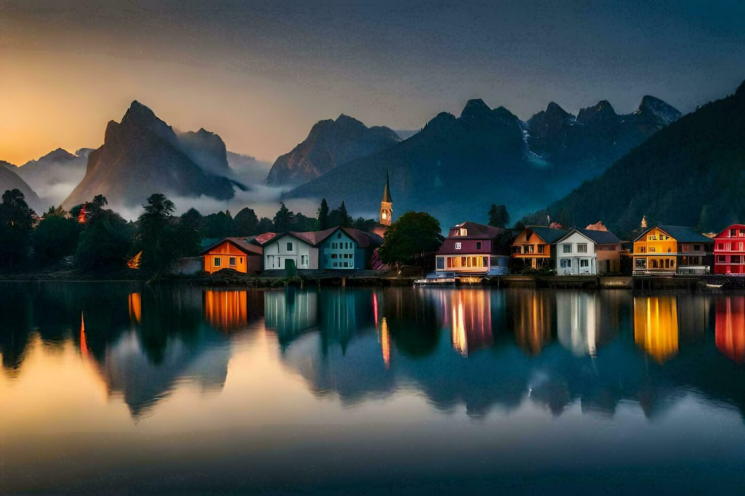 uma lago e casas dentro a montanhas às pôr do sol. gerado por IA foto