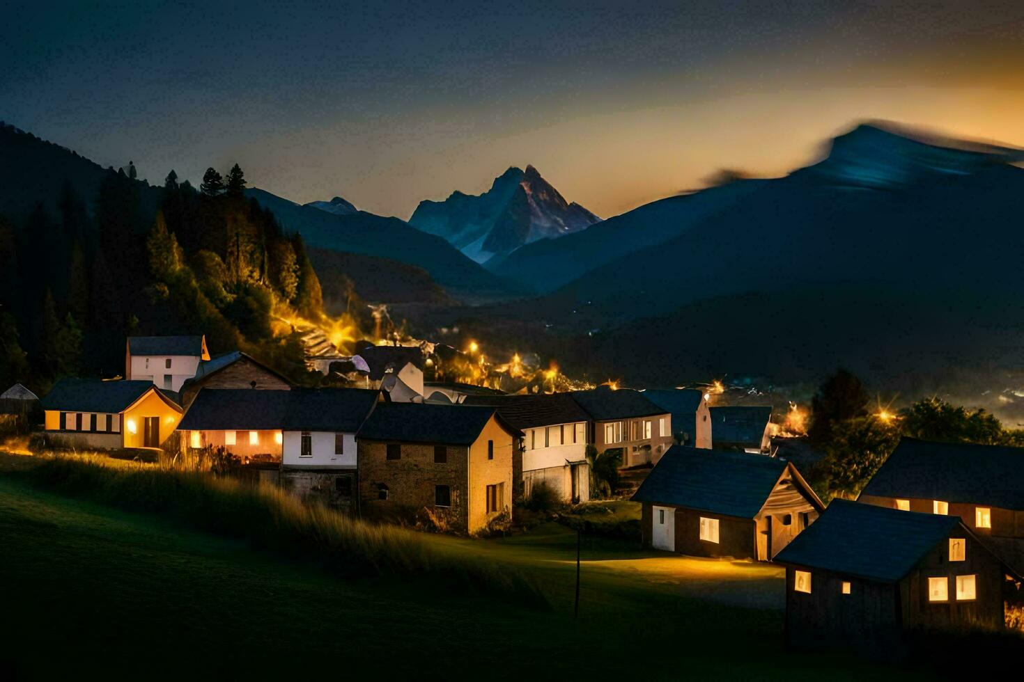 foto papel de parede a céu, montanhas, noite, a Vila, a montanhas, a Vila, o. gerado por IA