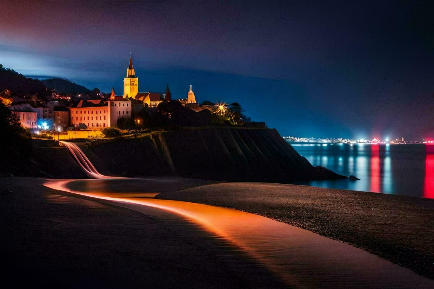 uma cidade às noite com uma de praia e uma rio. gerado por IA foto