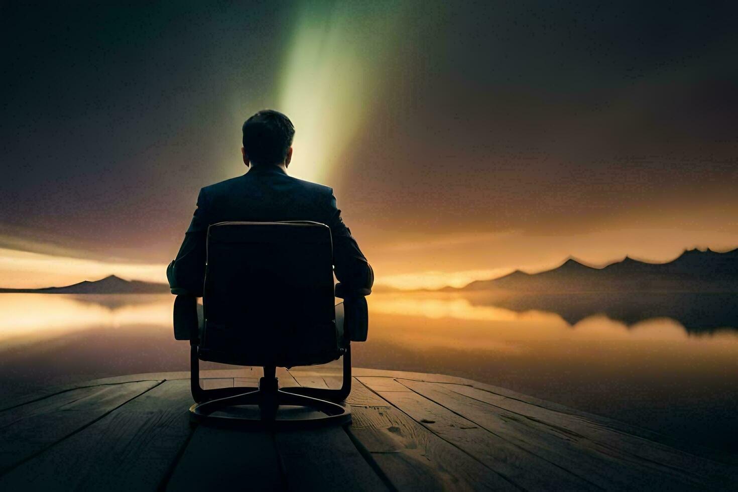 uma homem sentado em uma cadeira negligenciar uma lago às pôr do sol. gerado por IA foto