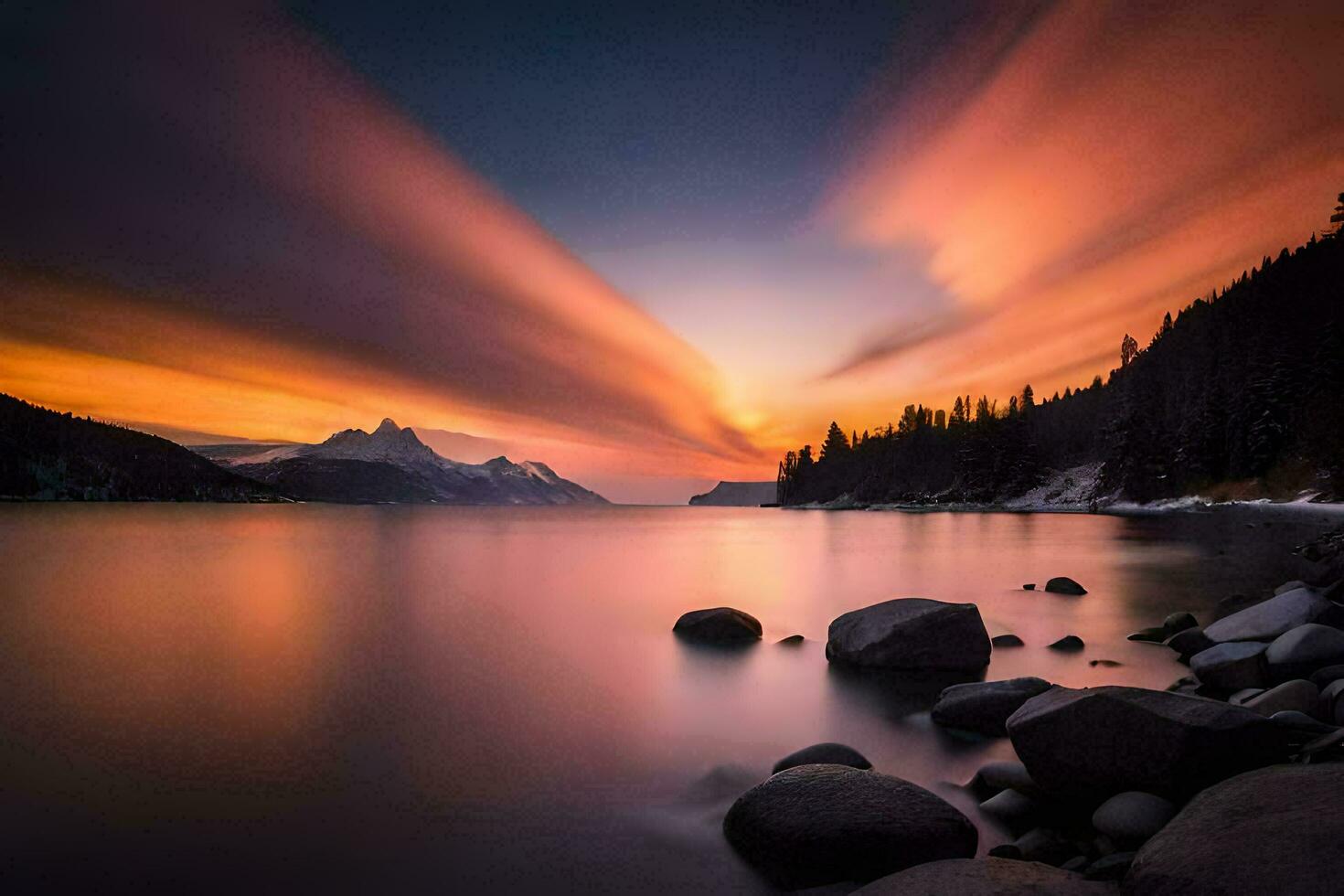 uma pôr do sol sobre uma lago com pedras e árvores gerado por IA foto