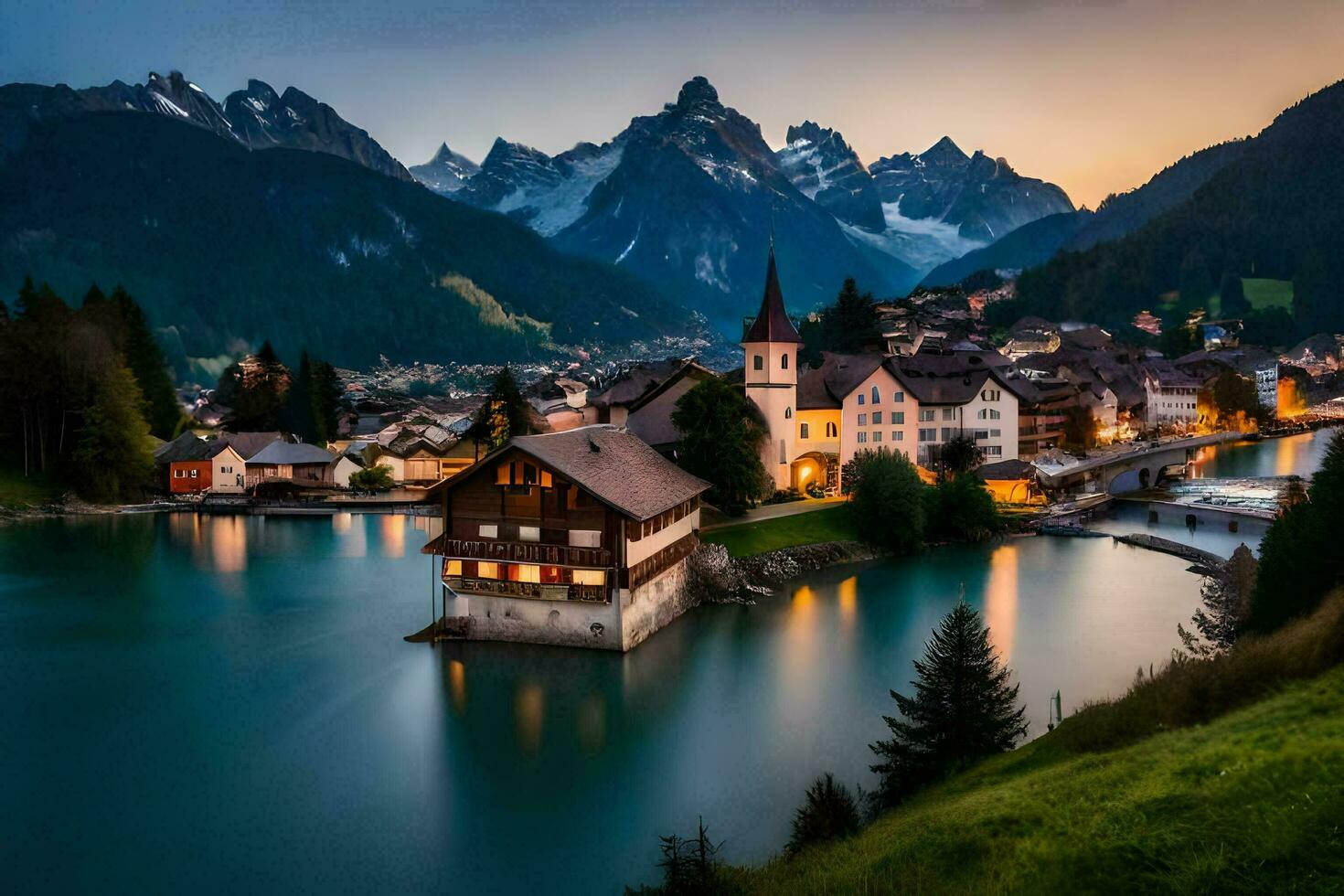 foto papel de parede montanhas, a noite, lago, Suíça, a cidade, Suíça, o. gerado por IA