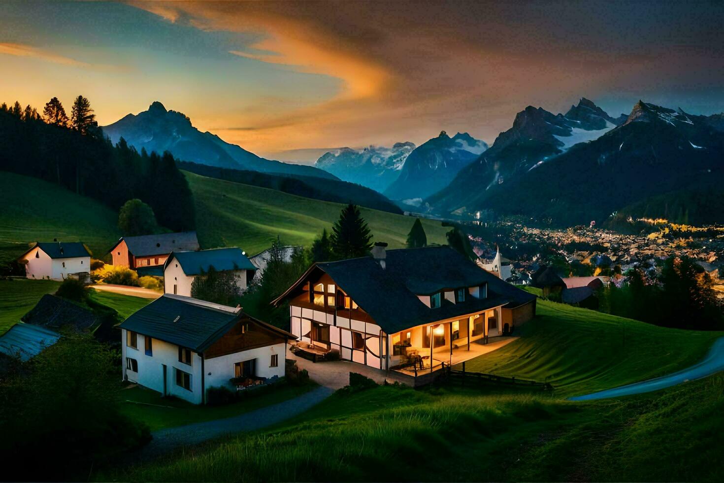 a Vila do Alpes às pôr do sol. gerado por IA foto