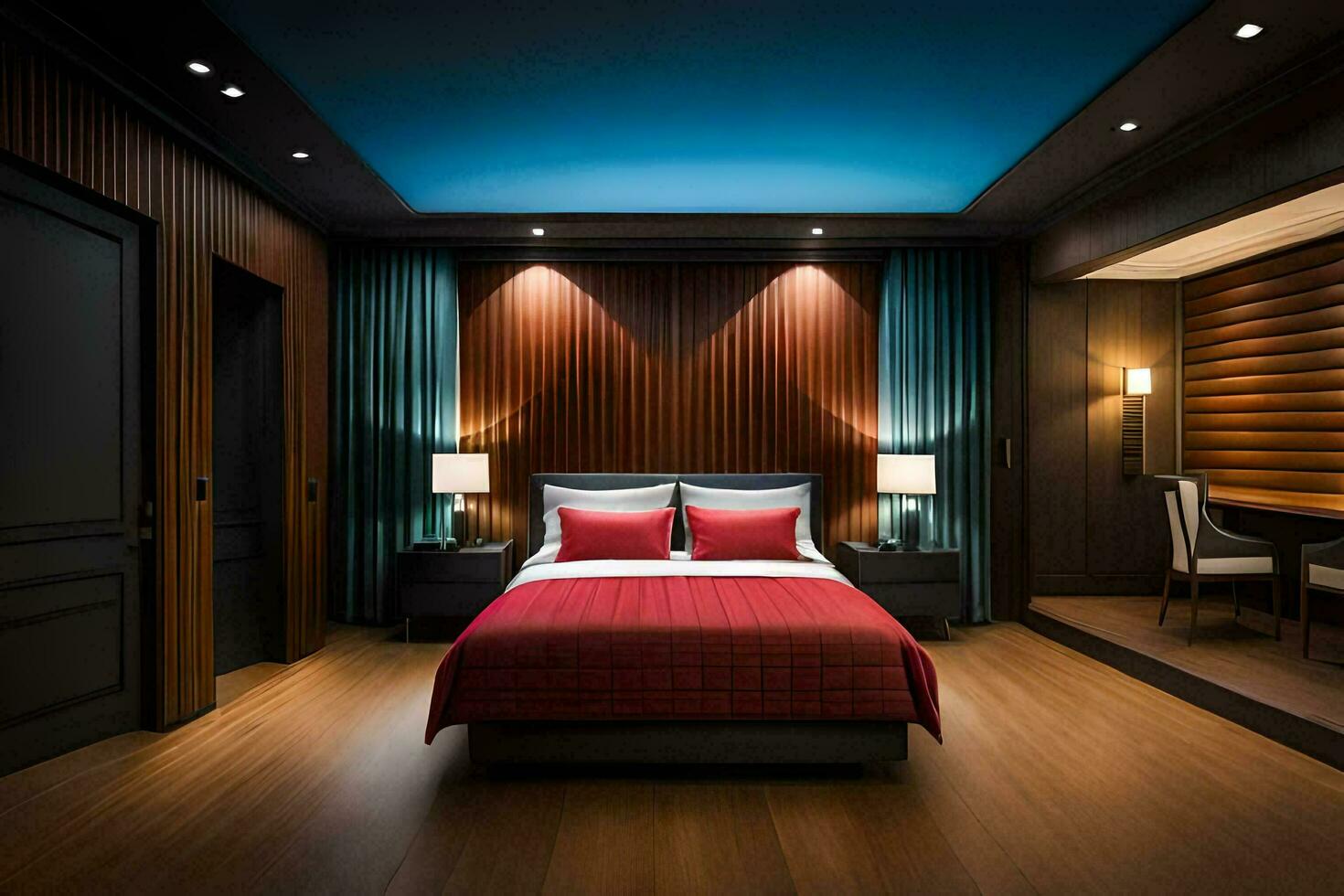 uma quarto com uma cama, mesinhas de cabeceira e uma parede do azul luzes. gerado por IA foto