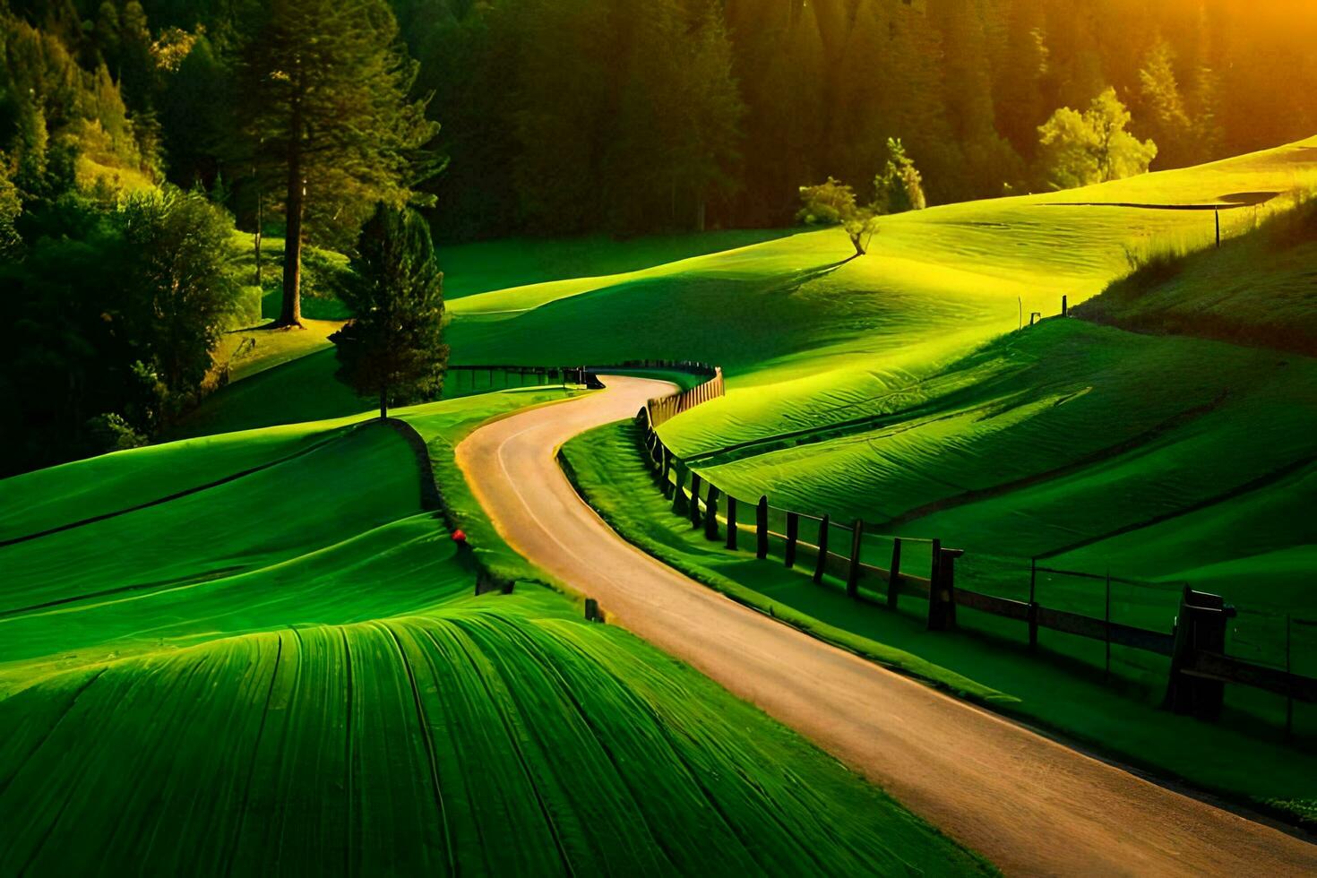 uma enrolamento estrada dentro a meio do uma verde campo. gerado por IA foto