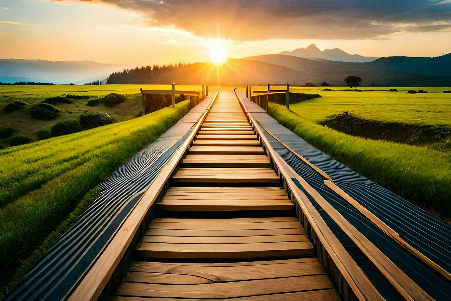 uma de madeira ponte conduz para uma pôr do sol sobre uma verde campo. gerado por IA foto