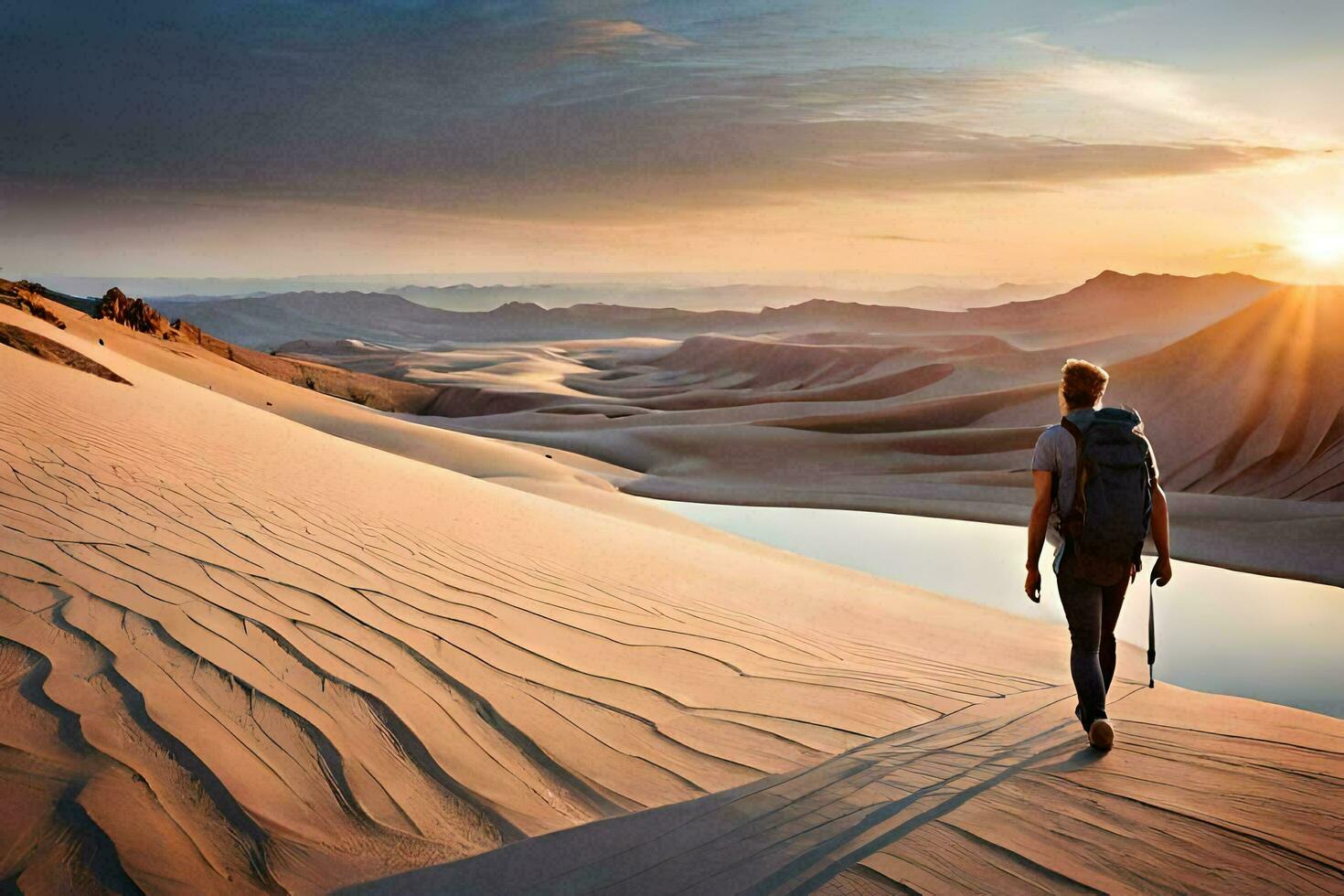 uma homem caminhando através a deserto às pôr do sol. gerado por IA foto