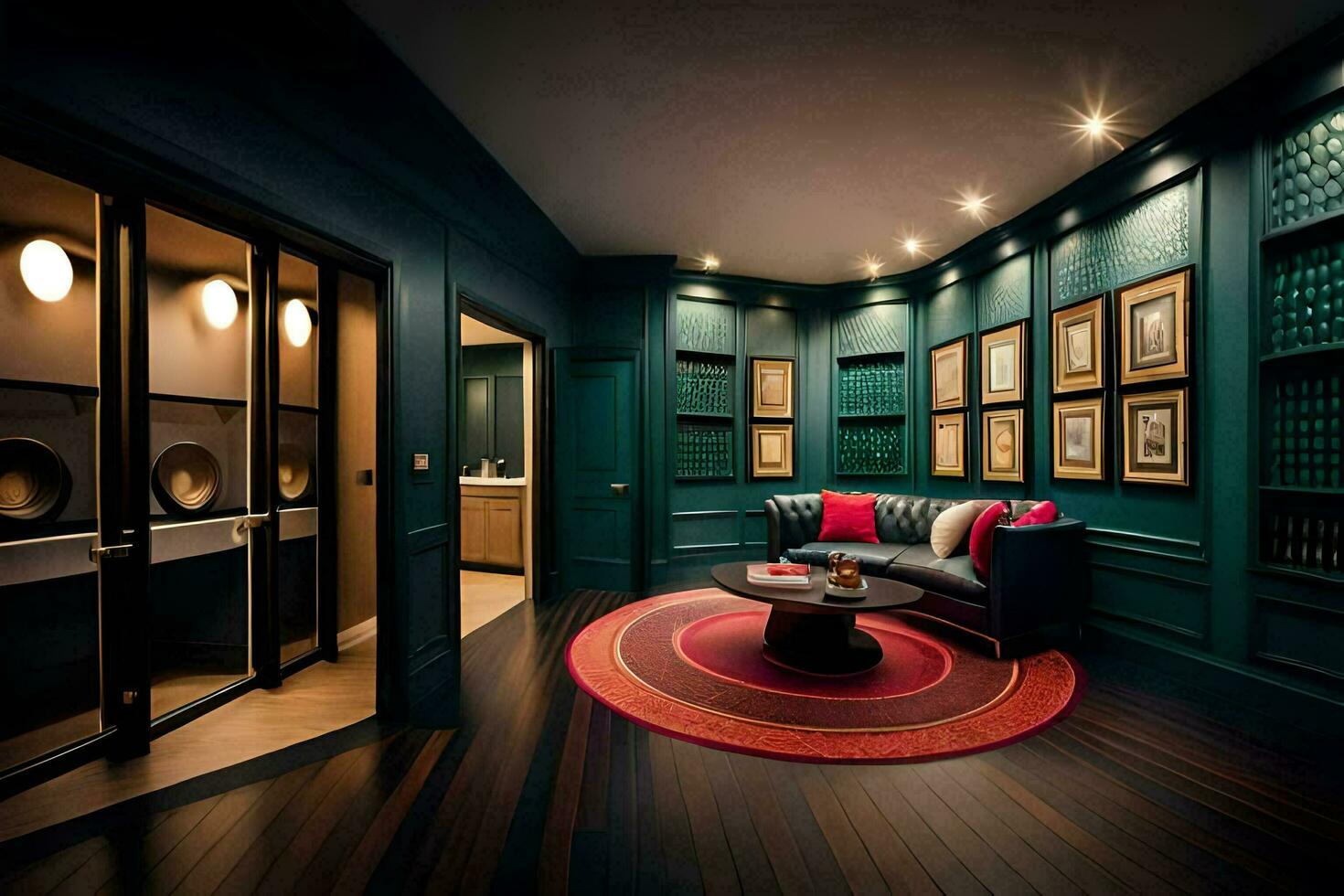 a quarto tem uma Preto sofá e uma vermelho tapete. gerado por IA foto