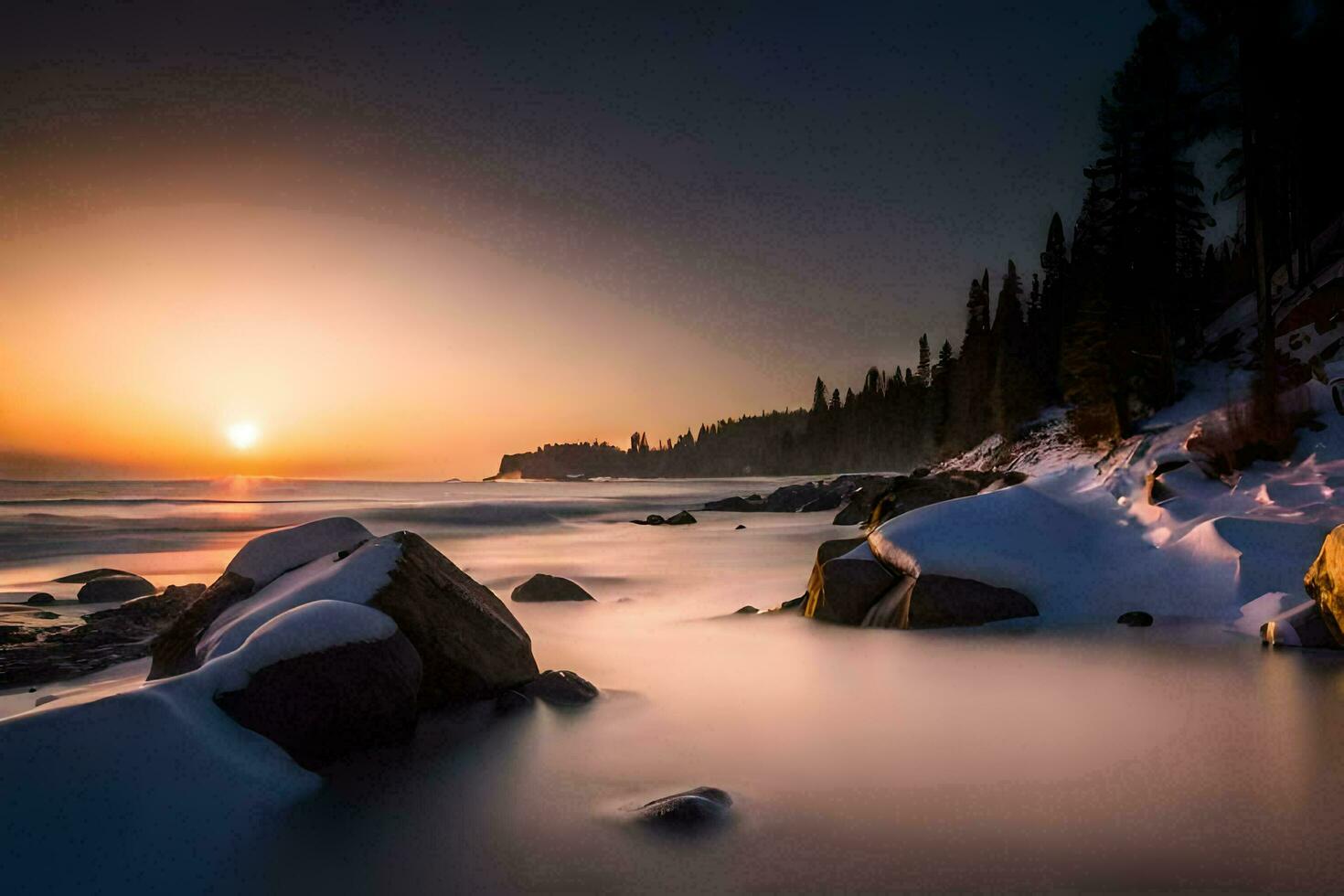 uma lindo pôr do sol sobre a água com neve coberto pedras. gerado por IA foto