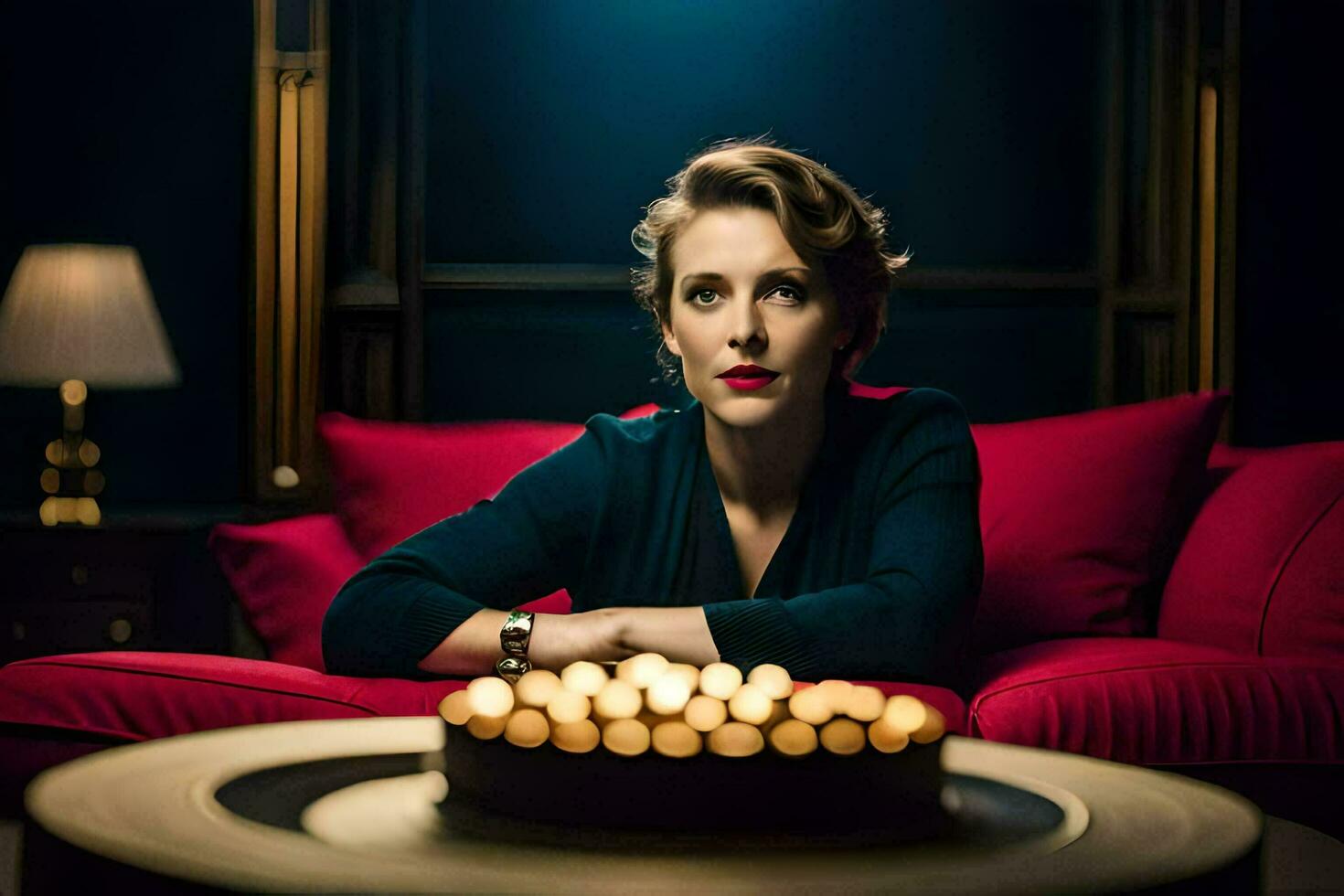 uma mulher sentado em uma vermelho sofá com velas. gerado por IA foto