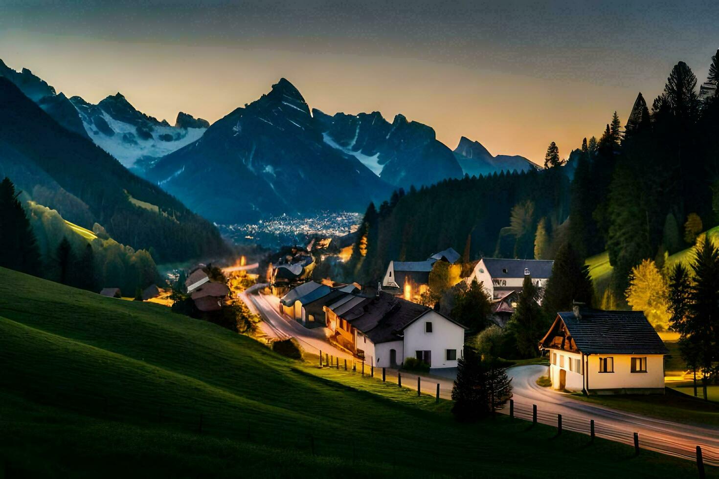 uma Vila dentro a montanhas às pôr do sol. gerado por IA foto