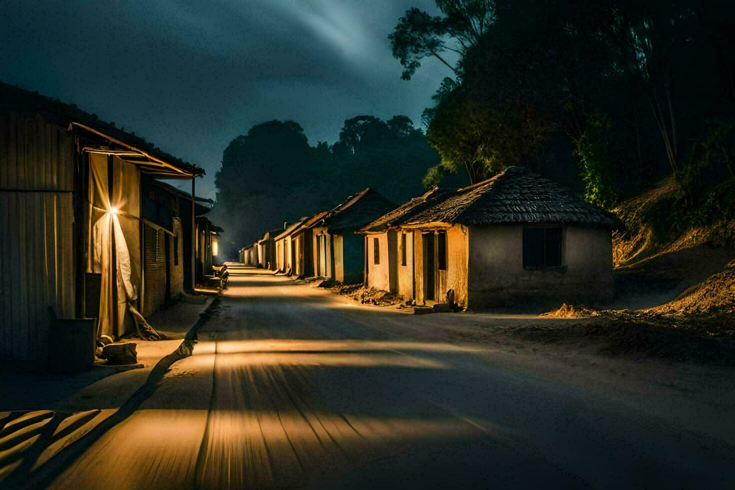 uma grandes exposição fotografia do uma rua às noite. gerado por IA foto