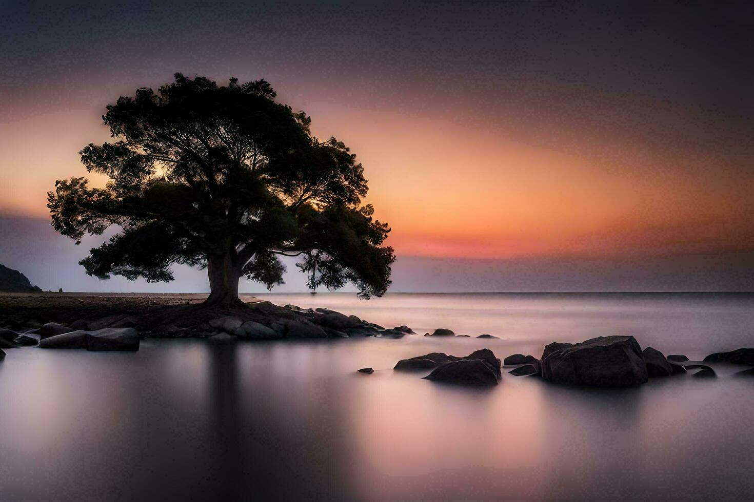 uma solitário árvore carrinhos em a costa do a oceano às pôr do sol. gerado por IA foto