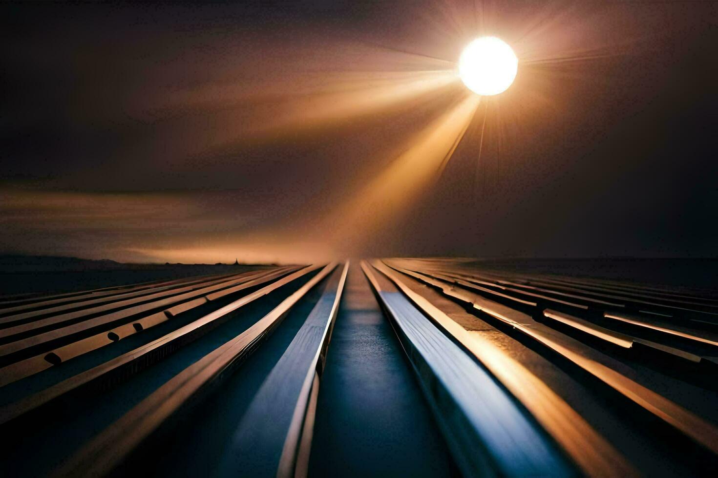 uma grandes trem rastrear com a Sol brilhando através isto. gerado por IA foto