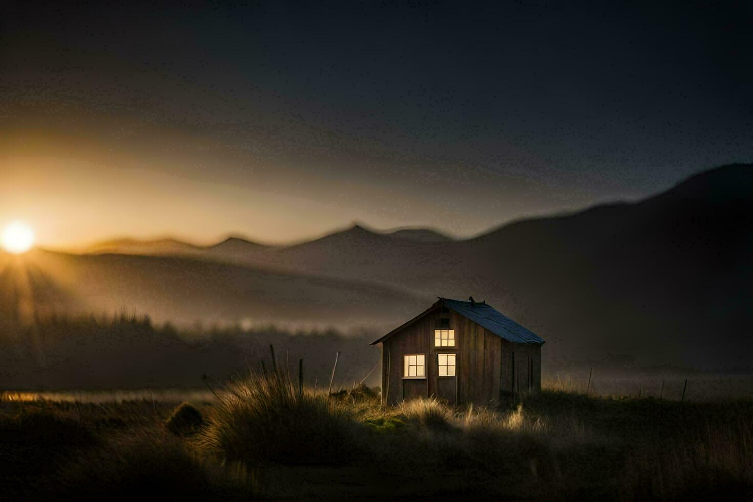 uma pequeno cabine dentro a meio do uma campo às pôr do sol. gerado por IA foto