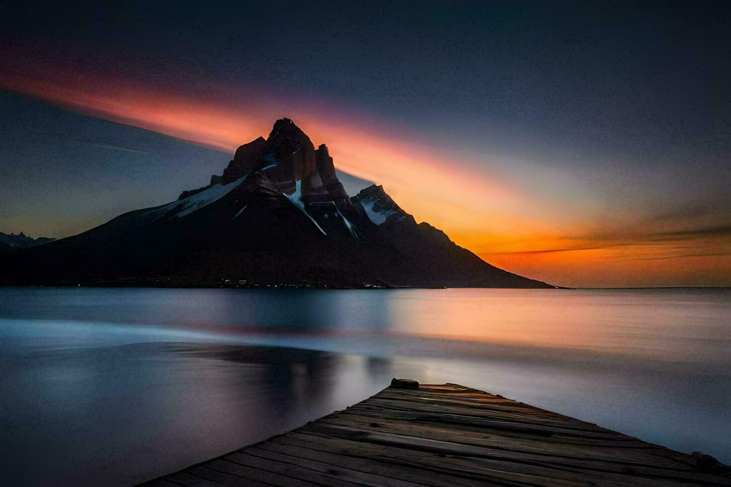 uma cais às pôr do sol com montanhas dentro a fundo. gerado por IA foto