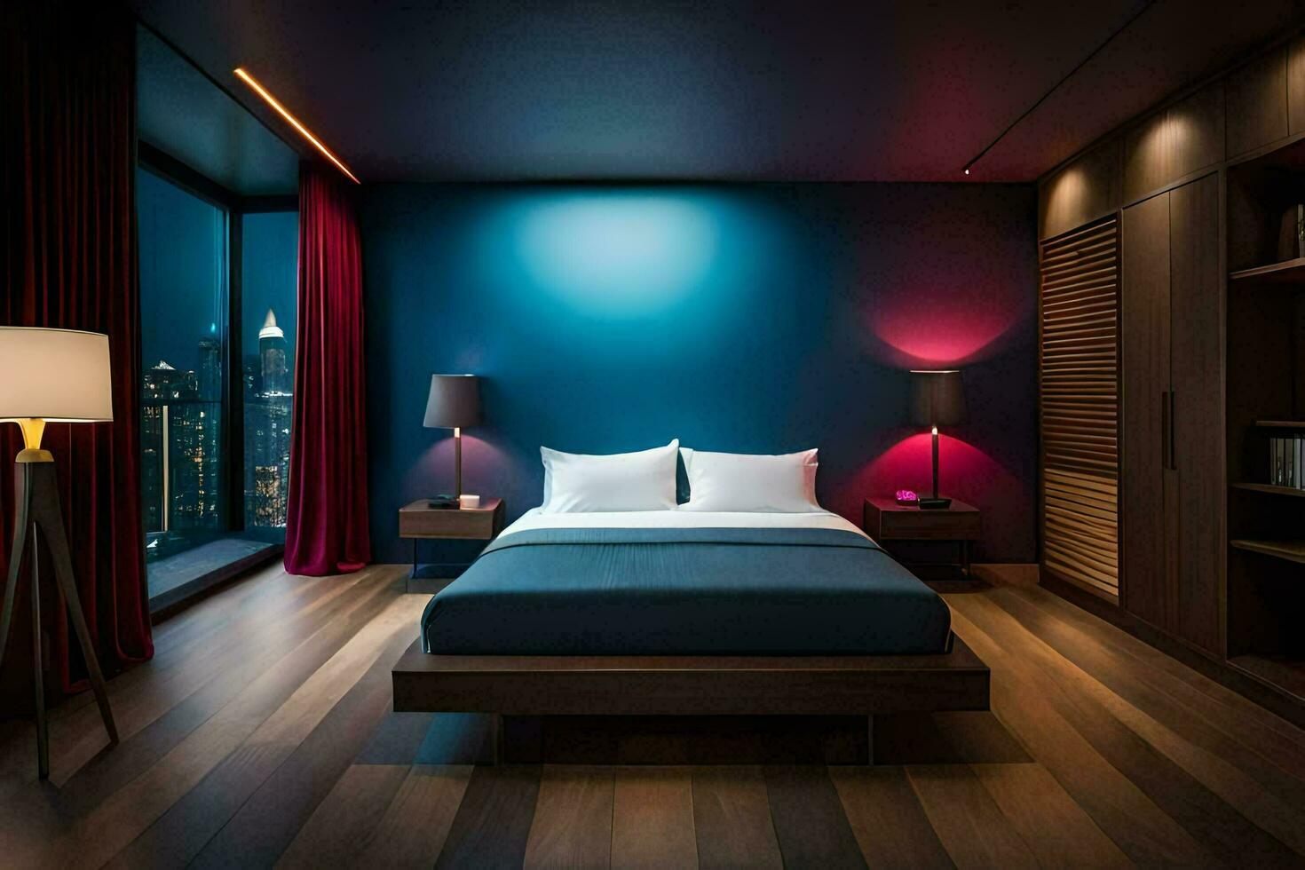 uma moderno quarto com azul paredes e madeira andares. gerado por IA foto