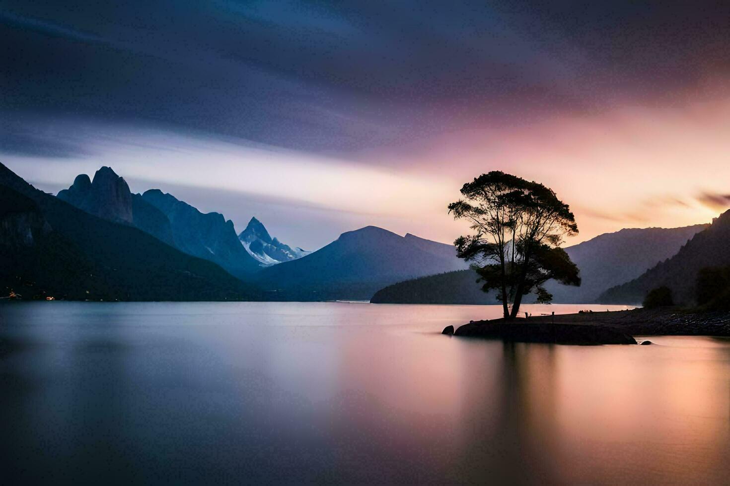 uma solitário árvore em a ilha dentro a meio do uma lago às pôr do sol. gerado por IA foto