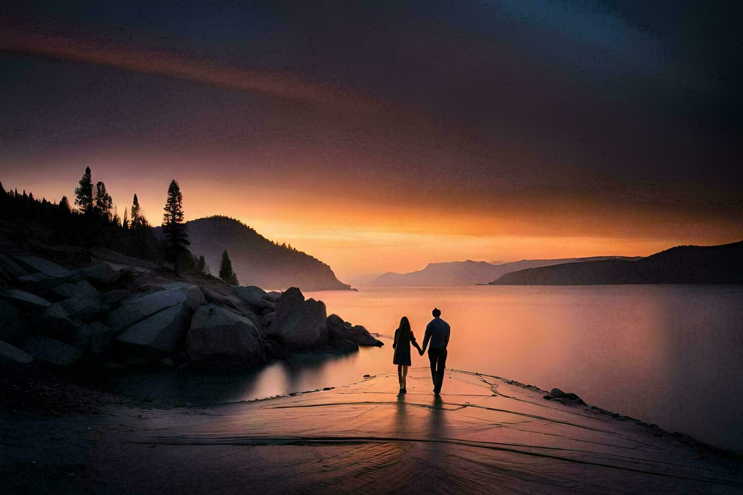 uma casal anda em ao longo a costa do uma lago às pôr do sol. gerado por IA foto