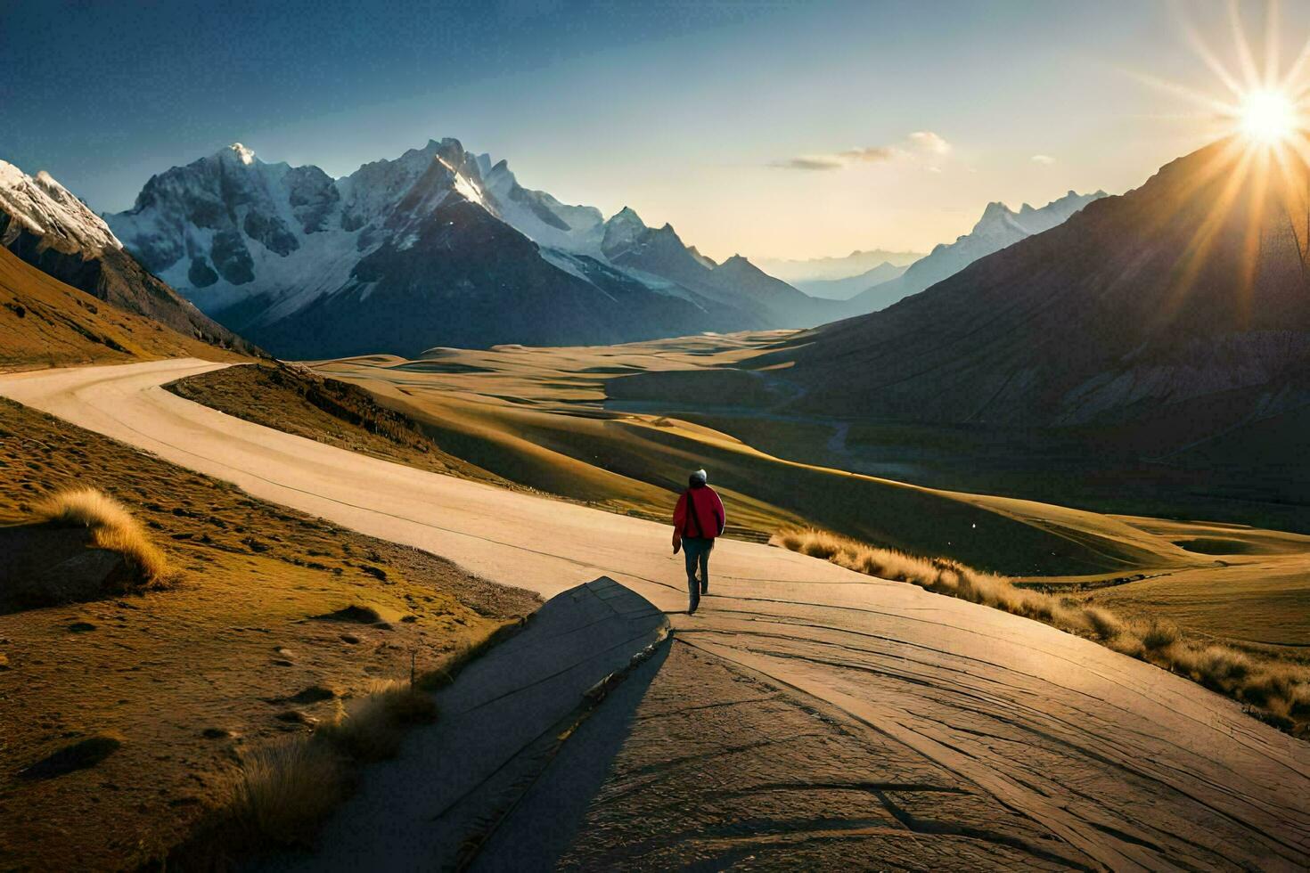 uma homem anda em ao longo uma estrada dentro a montanhas. gerado por IA foto