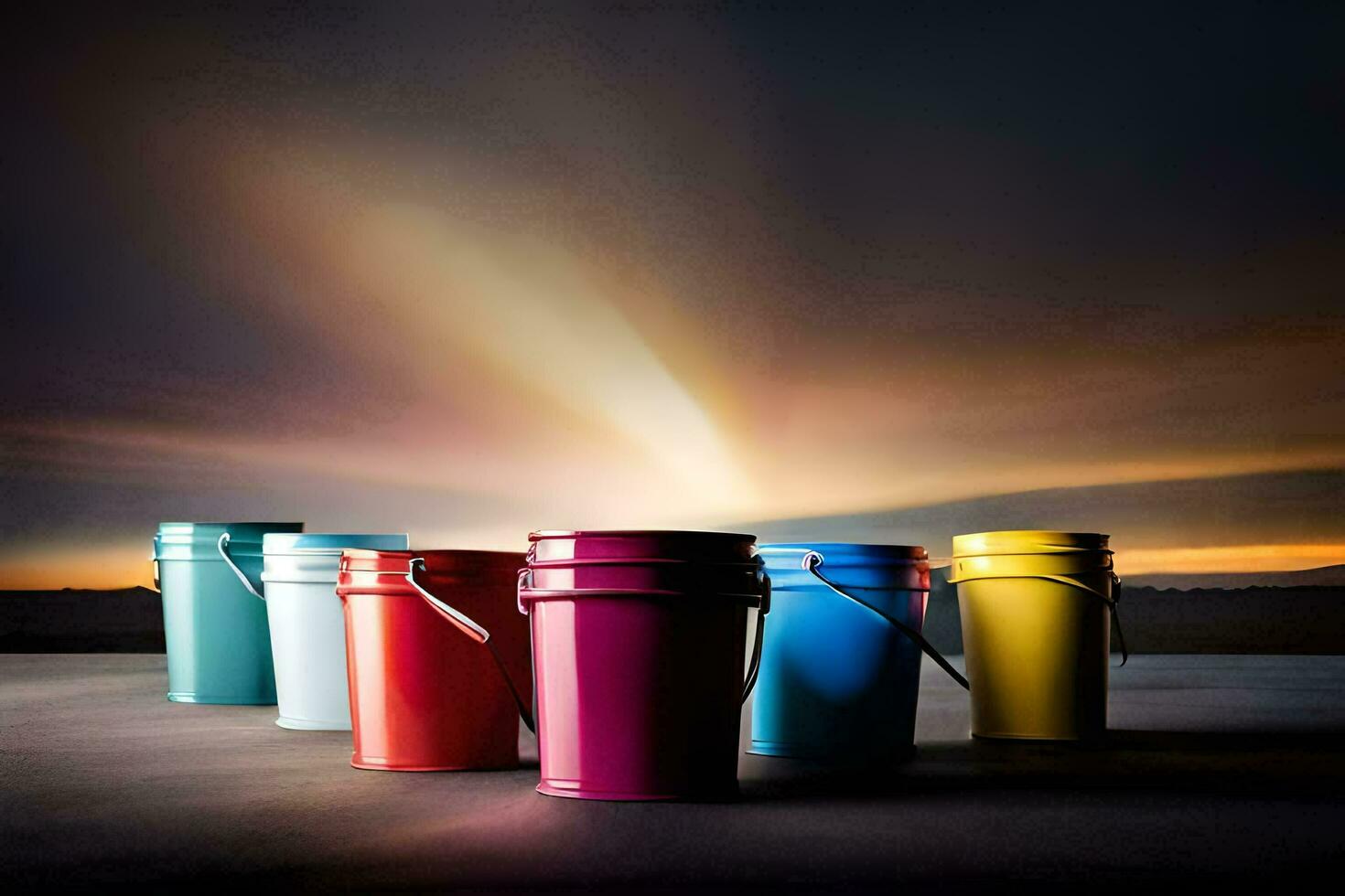 colorida baldes dentro frente do uma pôr do sol. gerado por IA foto