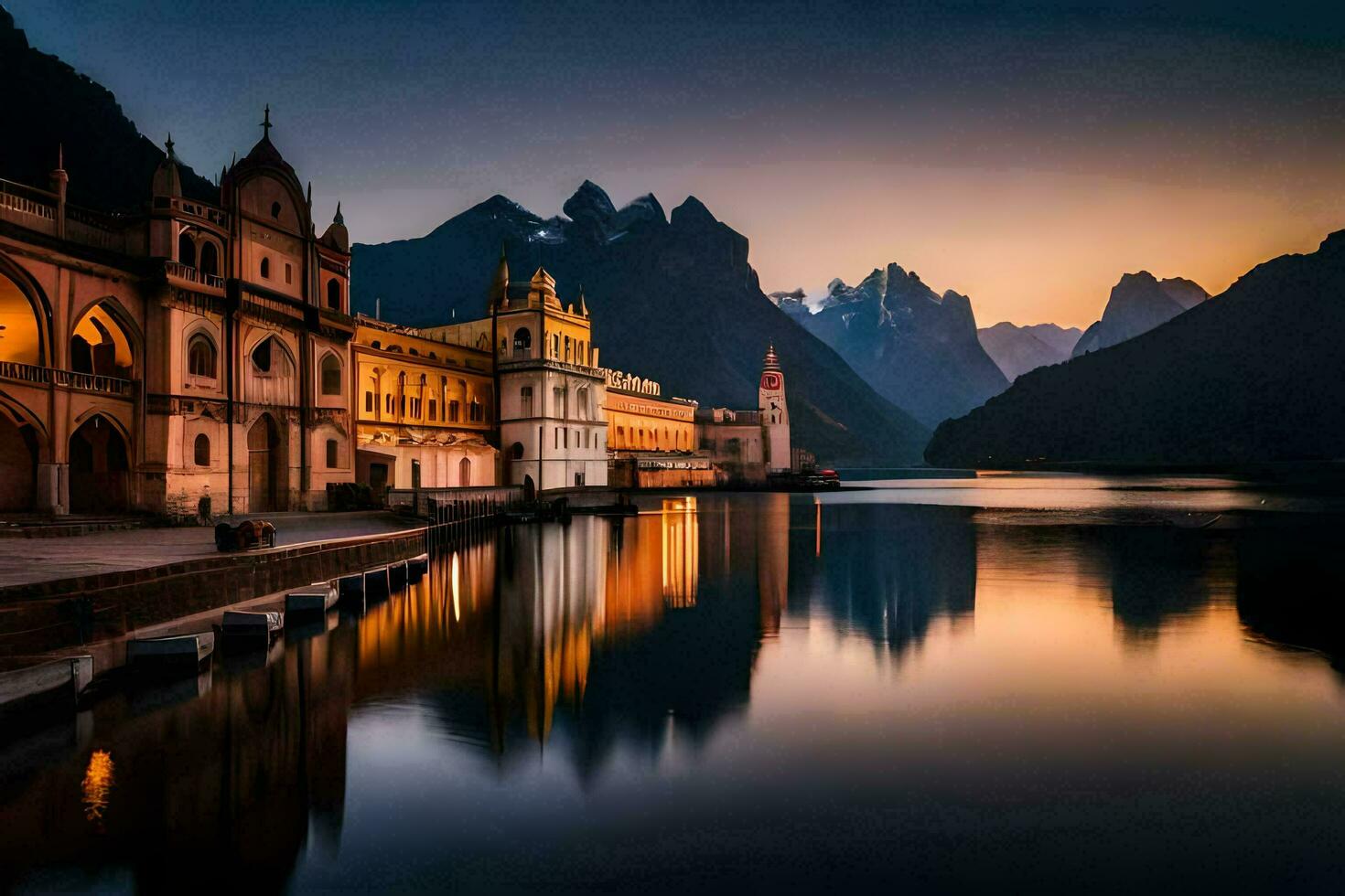 uma lindo construção senta em a costa do uma lago. gerado por IA foto