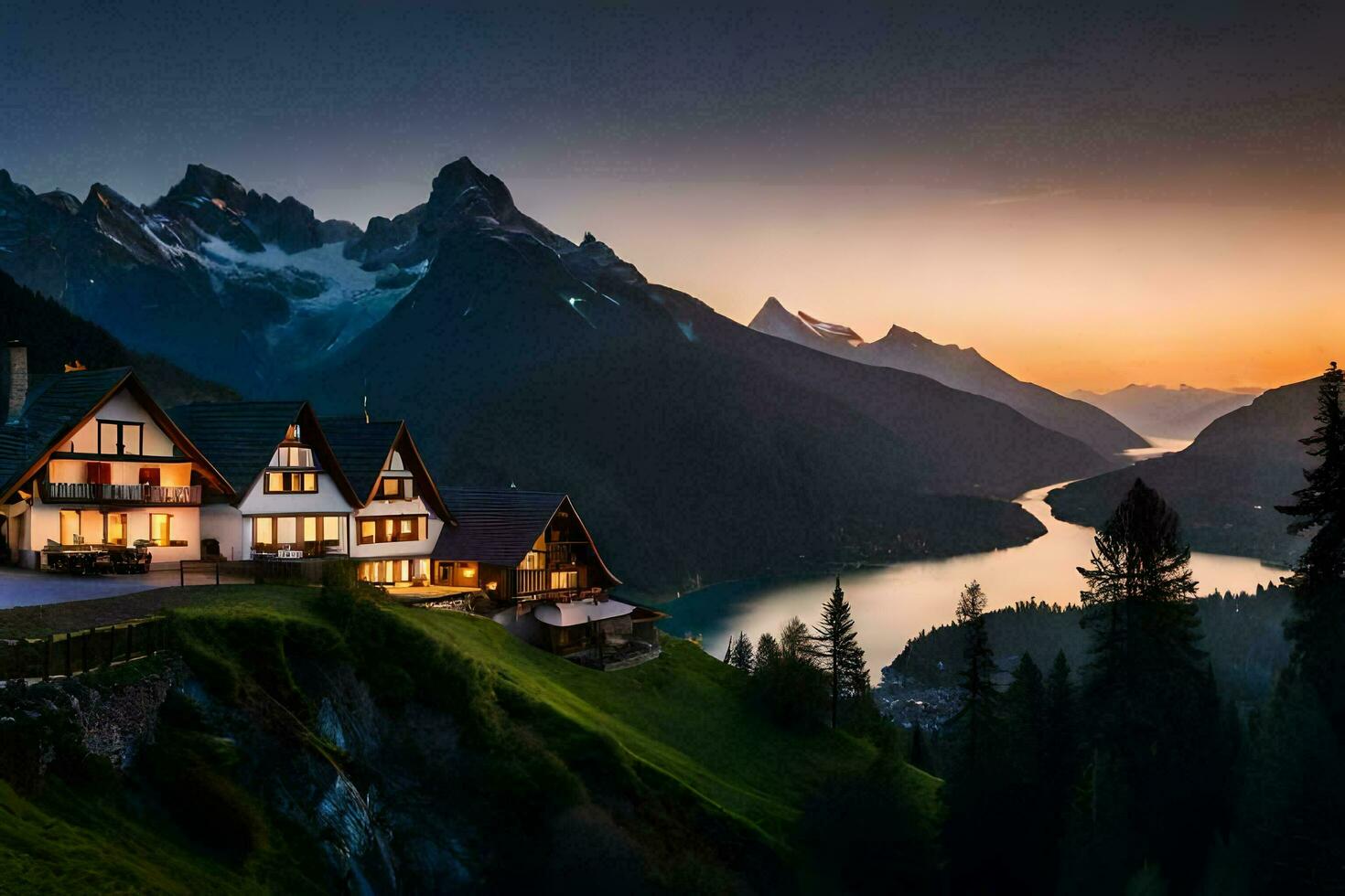 uma casa em a lado do uma montanha negligenciar uma lago. gerado por IA foto