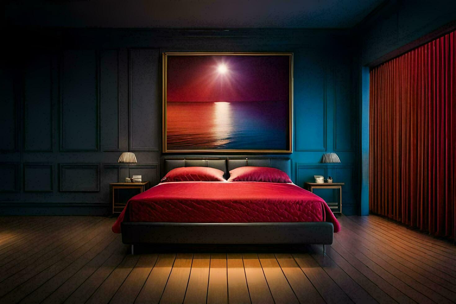 uma quarto com uma vermelho cama e uma pintura em a muro. gerado por IA foto