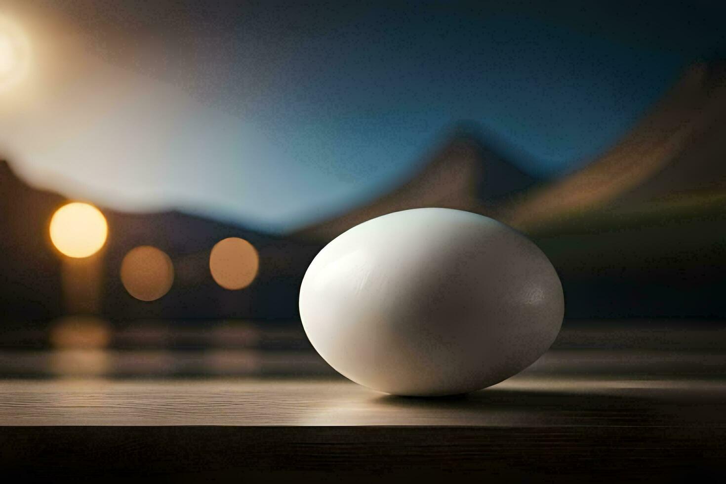 uma branco bola senta em uma mesa dentro frente do uma montanha. gerado por IA foto