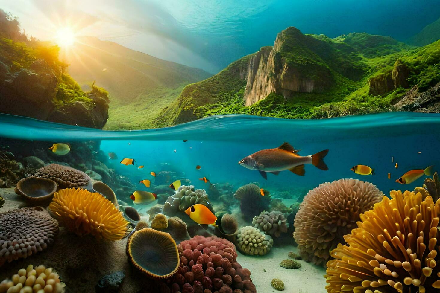 uma coral recife e peixe dentro a oceano. gerado por IA foto