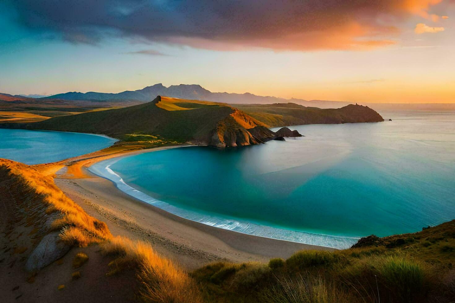 a pôr do sol sobre a oceano e a montanhas. gerado por IA foto