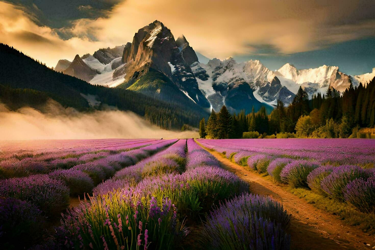 a lavanda campo dentro a montanhas. gerado por IA foto